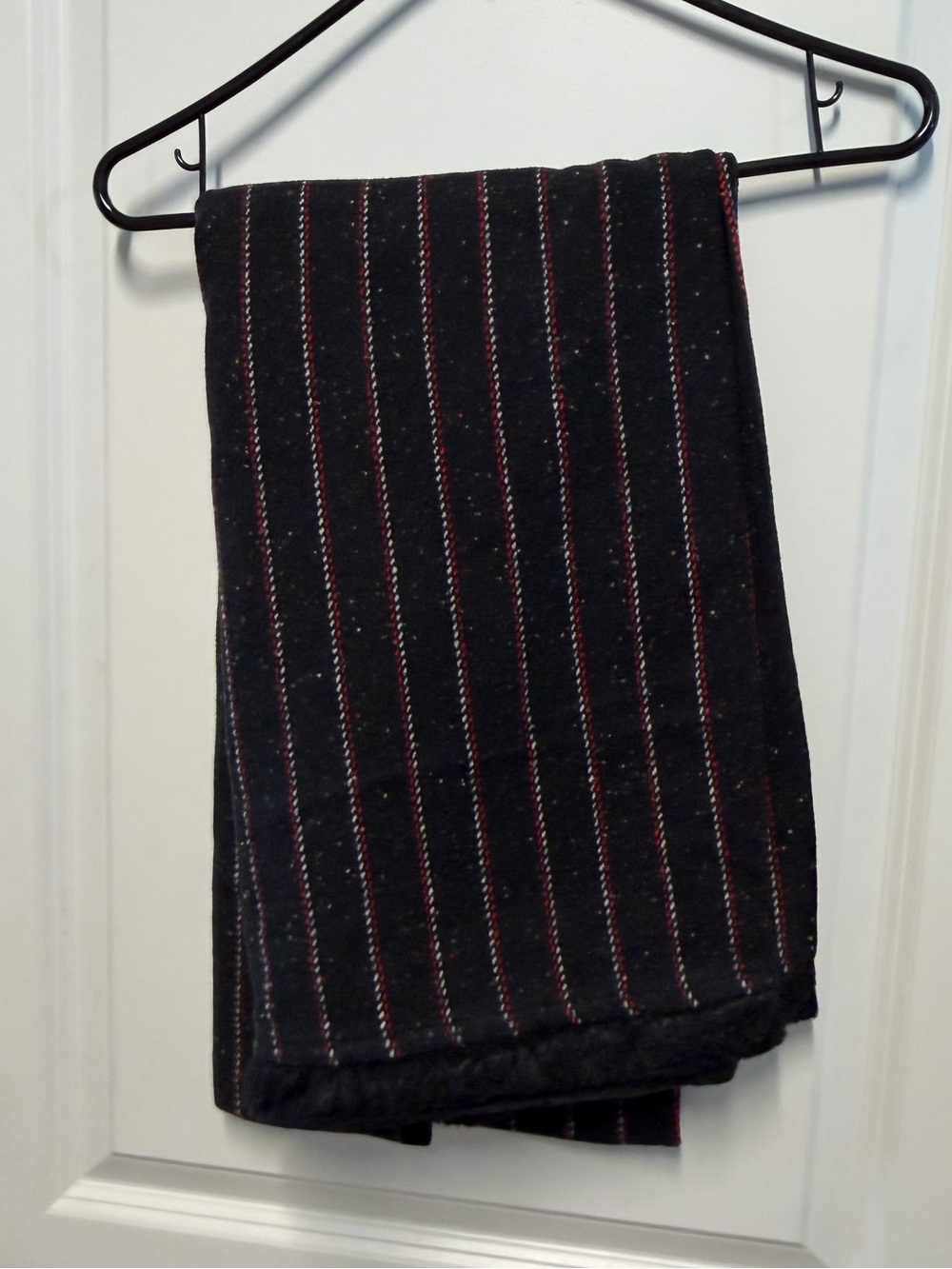 Vintage Made in Kuwait Black Striped Winter Shawl / Wrap with Fuzzy Trim